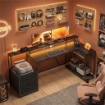 SCRIVANIA GAMING ANGOLARE CON HUB DI RICARICA, LUCI LED E SUPPORTO MONITOR, IN LEGNO E ACCIAIO, 192.5X80X86.5 CM, NERO