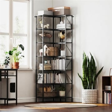 LIBRERIA AD ANGOLO A 7 RIPIANI, SCAFFALE INDUSTRIALE, EFFETTO LEGNO NERO