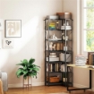 LIBRERIA AD ANGOLO A 7 RIPIANI, SCAFFALE INDUSTRIALE, EFFETTO LEGNO NERO
