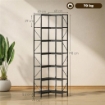 LIBRERIA AD ANGOLO A 7 RIPIANI, SCAFFALE INDUSTRIALE, EFFETTO LEGNO NERO