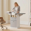 MOBILE ASSE DA STIRO PIEGHEVOLE A ROTELLE CON RIPIANO APERTO E 3 CASSETTI, 121X37X89.5 CM, BIANCO E GRIGIO