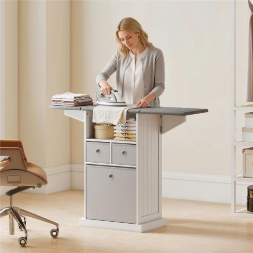 MOBILE ASSE DA STIRO PIEGHEVOLE A ROTELLE CON RIPIANO APERTO E 3 CASSETTI, 121X37X89.5 CM, BIANCO E GRIGIO