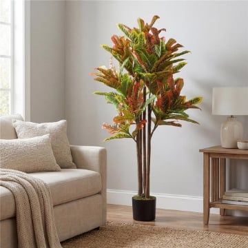 Pianta Artificiale di Croton Multicolore in PEVA e Legno con Vaso Contenitore in PP e Cemento, 55x55x120 cm