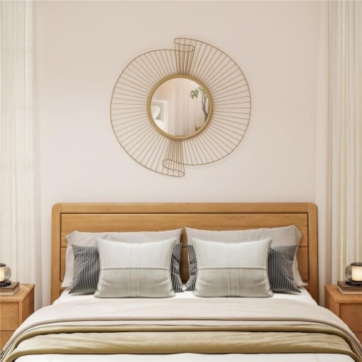 Specchio da Parete Rotondo con Strisce in Metallo e Design Plissettato, 60x60 cm, Oro