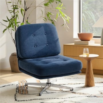 POLTRONA SALOTTO GIREVOLE RIVESTITA IN CINIGLIA CON SEDUTA LARGA, POLTRONCINA CAMERA DA LETTO MODERNA CON GAMBE IN METALLO PER SOGGIORNO, BLU SCURO