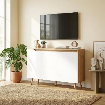 CREDENZA MODERNA A 3 ANTE CON 3 RIPIANI REGOLABILI E 5 GAMBE IN LEGNO, 107X35X76.5 CM, BIANCO E ROVERE