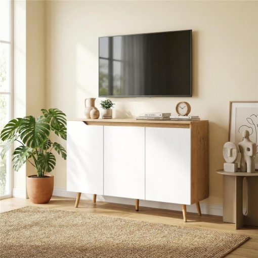 CREDENZA MODERNA A 3 ANTE CON 3 RIPIANI REGOLABILI E 5 GAMBE IN LEGNO, 107X35X76.5 CM, BIANCO E ROVERE