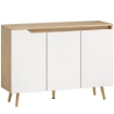 CREDENZA MODERNA A 3 ANTE CON 3 RIPIANI REGOLABILI E 5 GAMBE IN LEGNO, 107X35X76.5 CM, BIANCO E ROVERE
