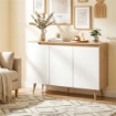 CREDENZA MODERNA A 3 ANTE CON 3 RIPIANI REGOLABILI E 5 GAMBE IN LEGNO, 107X35X76.5 CM, BIANCO E ROVERE