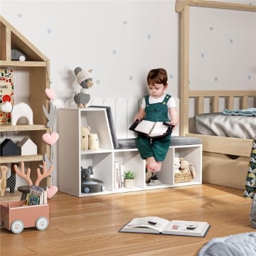 LIBRERIA MODERNA A 5 RIPIANI APERTI CON 2 CUSCINI, IN LEGNO, 108X30X60 CM, GRIGIO