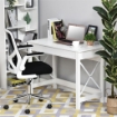 Scrivania porta PC dal Design Moderno e Minimal, in Legno e Acciaio, 105x50x76 cm, Bianco