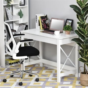 Scrivania porta PC dal Design Moderno e Minimal, in Legno e Acciaio, 105x50x76 cm, Bianco