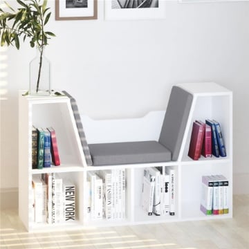 Mobile Libreria a 6 Sezioni 2 in 1 con Cuscini Morbidi, in Legno, Spugna e Poliestere, 102x30x61 cm, Bianco