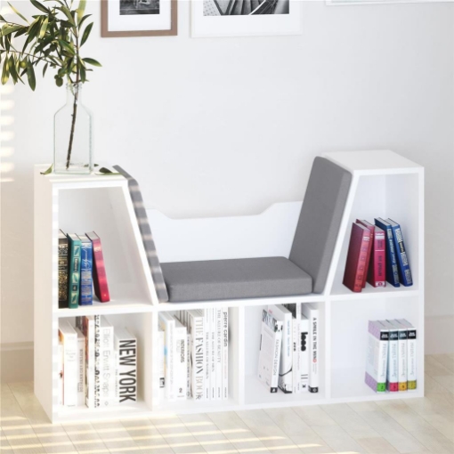 Mobile Libreria a 6 Sezioni 2 in 1 con Cuscini Morbidi, in Legno, Spugna e Poliestere, 102x30x61 cm, Bianco