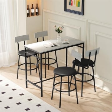 SET TAVOLO ALTO E 4 SGABELLI DA BAR CON SCHIENALE E POGGIAPIEDI IN STILE INDUSTRIALE, GRIGIO CEMENTO