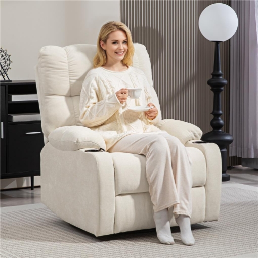 POLTRONA RECLINABILE 135¦ CON PORTABICCHIERI E POGGIAPIEDI, IN TESSUTO EFFETTO LINO, 88X96X108 CM, BEIGE