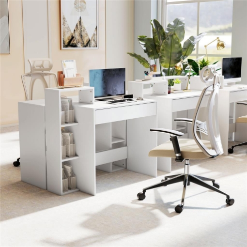 SCRIVANIA PC MODERNA CON 3 RIPIANI APERTI E CASSETTO, IN LEGNO BIANCO, 100X40X90 CM