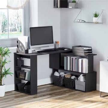 Scrivania Angolare con Piano Girevole a 360¦ e 5 Ripiani, 120x110x74.5 cm, Nero