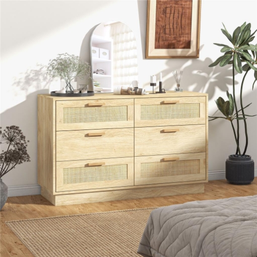 CASSETTIERA 6 CASSETTI STILE BOHO PER CAMERA E INGRESSO IN LEGNO E RATTAN, 110X40X69 CM, ROVERE