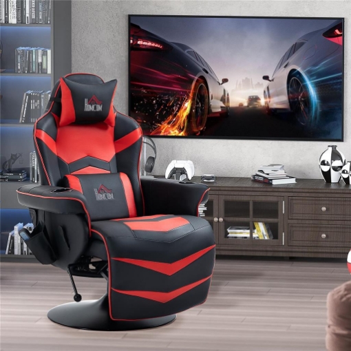 SEDIA DA GAMING MASSAGGIANTE CON POGGIAPIEDI E CUSCINO, IN FINTA PELLE, 79.5X82.5X111.5 CM, NERO E ROSSO