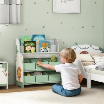 SCAFFALE PORTAGIOCHI CON 6 CASSETTI IN TESSUTO E LIBRERIA A 2 LIVELLI, IN LEGNO E ACCIAIO, 63X30X71 CM, VERDE