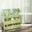 SCAFFALE PORTAGIOCHI CON 6 CASSETTI IN TESSUTO E LIBRERIA A 2 LIVELLI, IN LEGNO E ACCIAIO, 63X30X71 CM, VERDE