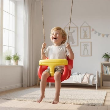 ALTALENA PER BAMBINI 9-36 MESI REGOLABILE CON CORDE E MOSCHETTONI, IN PE, 28X36X180 CM, ROSSA E GIALLA