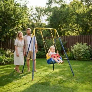 STRUTTURA PER ALTALENA DA GIARDINO CON 2 GANCI, IN ACCIAIO, 128X155X157 CM, GIALLO E BLU