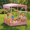 Sabbiera per Bambini 3-6 Anni con Tettuccio Fenicotteri, Sedute Pieghevoli, Coperchio e Fodera Inclusa, Sabbionaia per Bambini in Legno di Abete, 134.5x127.5x130 cm, Rosa
