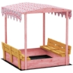 Sabbiera per Bambini 3-6 Anni con Tettuccio Fenicotteri, Sedute Pieghevoli, Coperchio e Fodera Inclusa, Sabbionaia per Bambini in Legno di Abete, 134.5x127.5x130 cm, Rosa