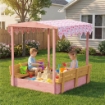 Sabbiera per Bambini 3-6 Anni con Tettuccio Fenicotteri, Sedute Pieghevoli, Coperchio e Fodera Inclusa, Sabbionaia per Bambini in Legno di Abete, 134.5x127.5x130 cm, Rosa