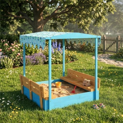 Sabbiera per Bambini 3-6 Anni con Tettuccio Dinosauri, Sedute Pieghevoli, Coperchio e Fodera Inclusa, Sabbionaia per Bambini in Legno di Abete, 134.5x127.5x130 cm, Blu