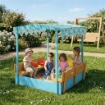 Sabbiera per Bambini 3-6 Anni con Tettuccio Dinosauri, Sedute Pieghevoli, Coperchio e Fodera Inclusa, Sabbionaia per Bambini in Legno di Abete, 134.5x127.5x130 cm, Blu