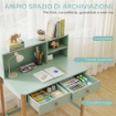 Scrivania per Bambini 5-12 Ani con 3 Ripiani e 2 Cassetti, in Legno, 90x52x105 cm, Verde