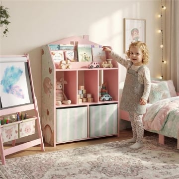 Scaffale Portagiochi Bambini in Legno FSC, 2 Contenitori Rimovibili in Tessuto e Ripiani, per Cameretta, Rosa