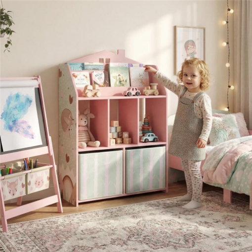 Scaffale Portagiochi Bambini in Legno FSC, 2 Contenitori Rimovibili in Tessuto e Ripiani, per Cameretta, Rosa