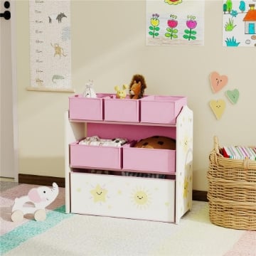 Scaffale Portagiochi Mobile Porta Giocattoli 3 Livelli 6 Cesti, Rosa