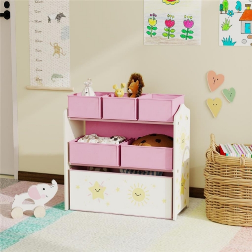 Scaffale Portagiochi Mobile Porta Giocattoli 3 Livelli 6 Cesti, Rosa