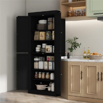 MOBILE CUCINA ALTO CON 6 RIPIANI REGOLABILI E 4 ANTE IN LEGNO, 76X40.5X184 CM, NERO
