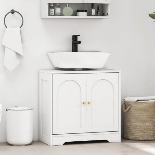 Mobile Sotto Lavabo Bagno a 2 Ante con Ripiano Regolabile su 3 Livelli, in Legno, 60x30x65 cm, Bianco
