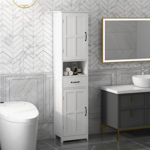 Mobile Colonna Bagno in Legno con Mensola Aperta, Cassetto e 2 Armadietti, 40x30x164 cm, Bianco