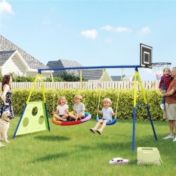 Set Altalena da Giardino 4 in 1 per Bambini 3-8 Anni con 2 Altalene, Canestro e Porta da Calcio