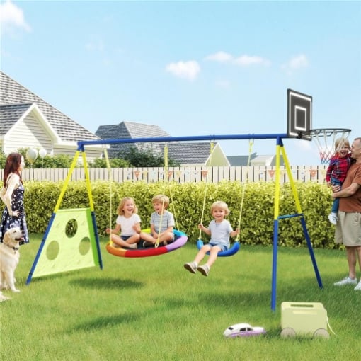 Set Altalena da Giardino 4 in 1 per Bambini 3-8 Anni con 2 Altalene, Canestro e Porta da Calcio