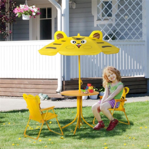 Set da Esterno per Bambini 4 pz con 2 Sedie, Ombrellone e Tavolo Rotondo, in Acciaio e Tessuto Oxford Giallo