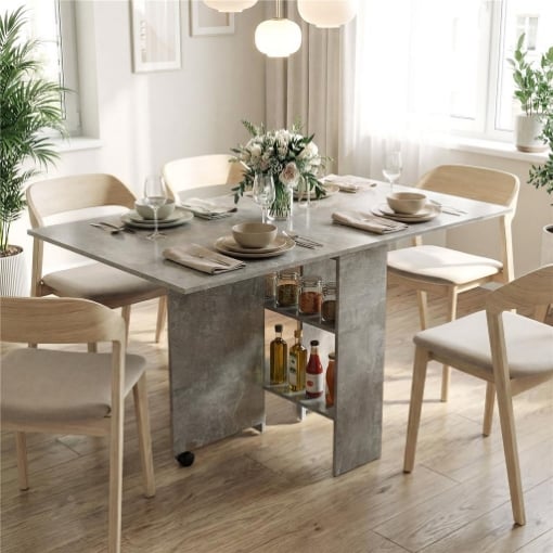Tavolo da Pranzo Pieghevole con Ripiani, Ribalta e Ruote, Grigio Cemento