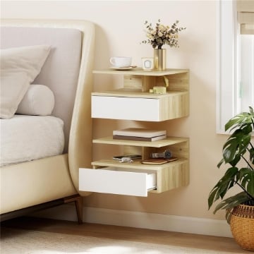 Set di 2 Comodini Sospesi con Cassetto e Mensola Aperta, 35x32x22.5 cm, Bianco e Rovere