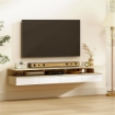 Set di 2 Comodini Sospesi con Cassetto e Mensola Aperta, 35x32x22.5 cm, Bianco e Rovere