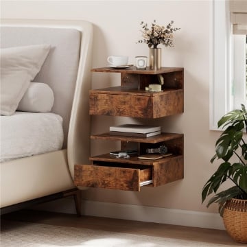 SET DI 2 COMODINI SOSPESI CON CASSETTO E MENSOLA APERTA, 35X32X22.5 CM, MARRONE RUSTICO