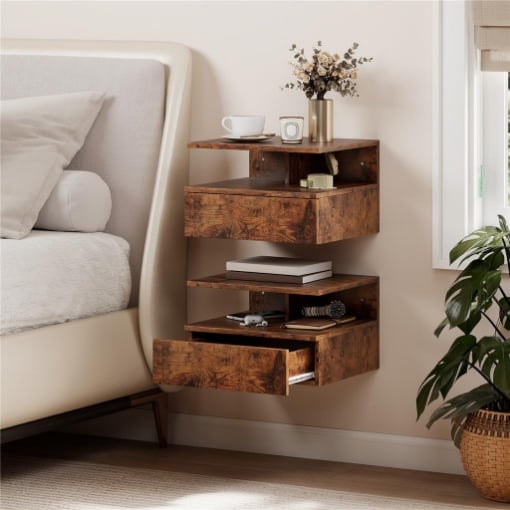 SET DI 2 COMODINI SOSPESI CON CASSETTO E MENSOLA APERTA, 35X32X22.5 CM, MARRONE RUSTICO