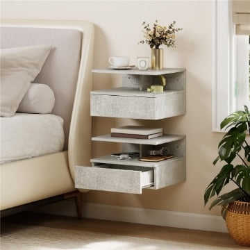 Set di 2 Comodini Sospesi con Cassetto e Mensola Aperta, 35x32x22.5 cm, Grigio Cemento